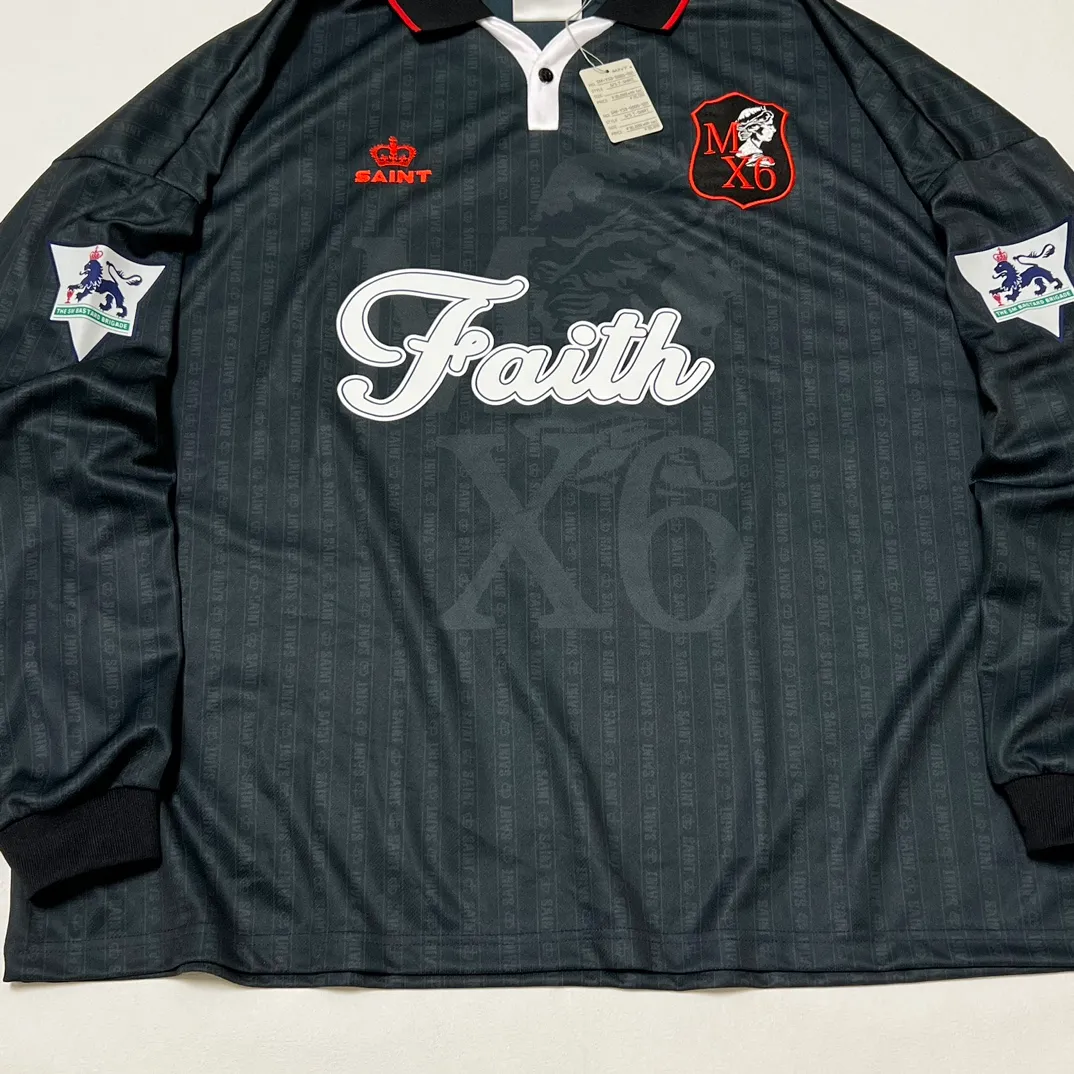 SAINT M×××××× SOCCER SHIRT 'FAITH'/BLK FAITH Football Long Sleeve Black S-XL This design has a lot of craftsmanship Digital fabric printing/front positioning printing laser cutting Offset printing + flocking printing + embossing Imported Behringer machine embroidery Flat machine collar + cuffs Genuine consistent main mark/wash mark/cherub mark